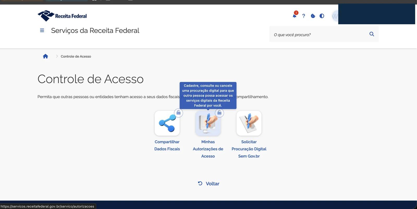 Tela de Controle de Acesso com três opções disponíveis