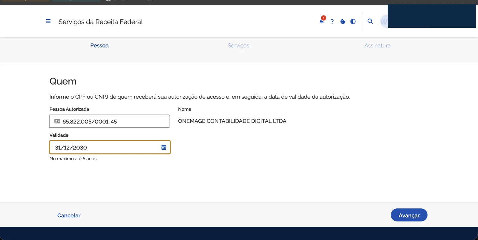 Formulário de nova autorização com CNPJ e nome da OneMage preenchidos