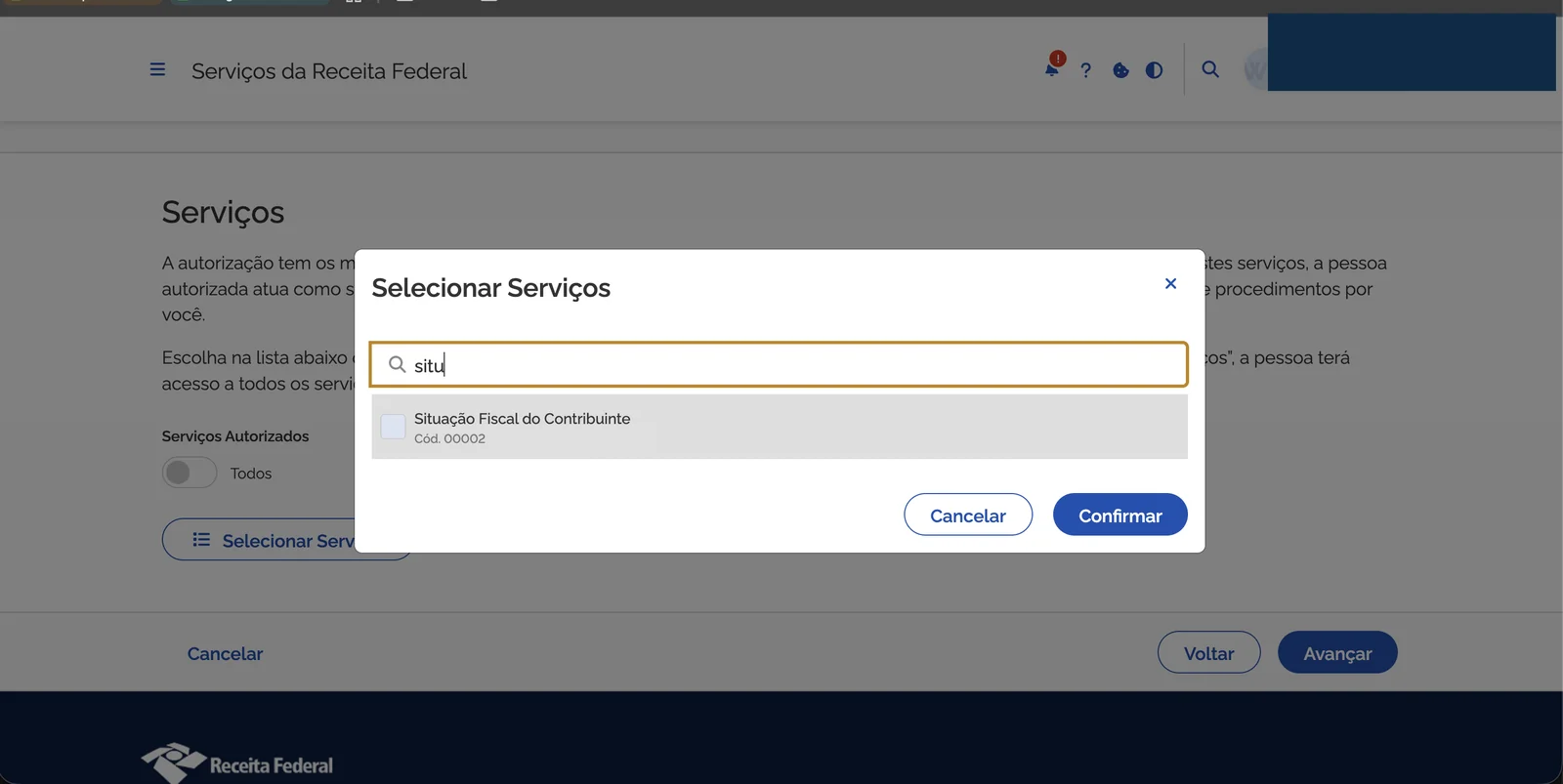 Modal Selecionar Serviços com filtro Situação Fiscal