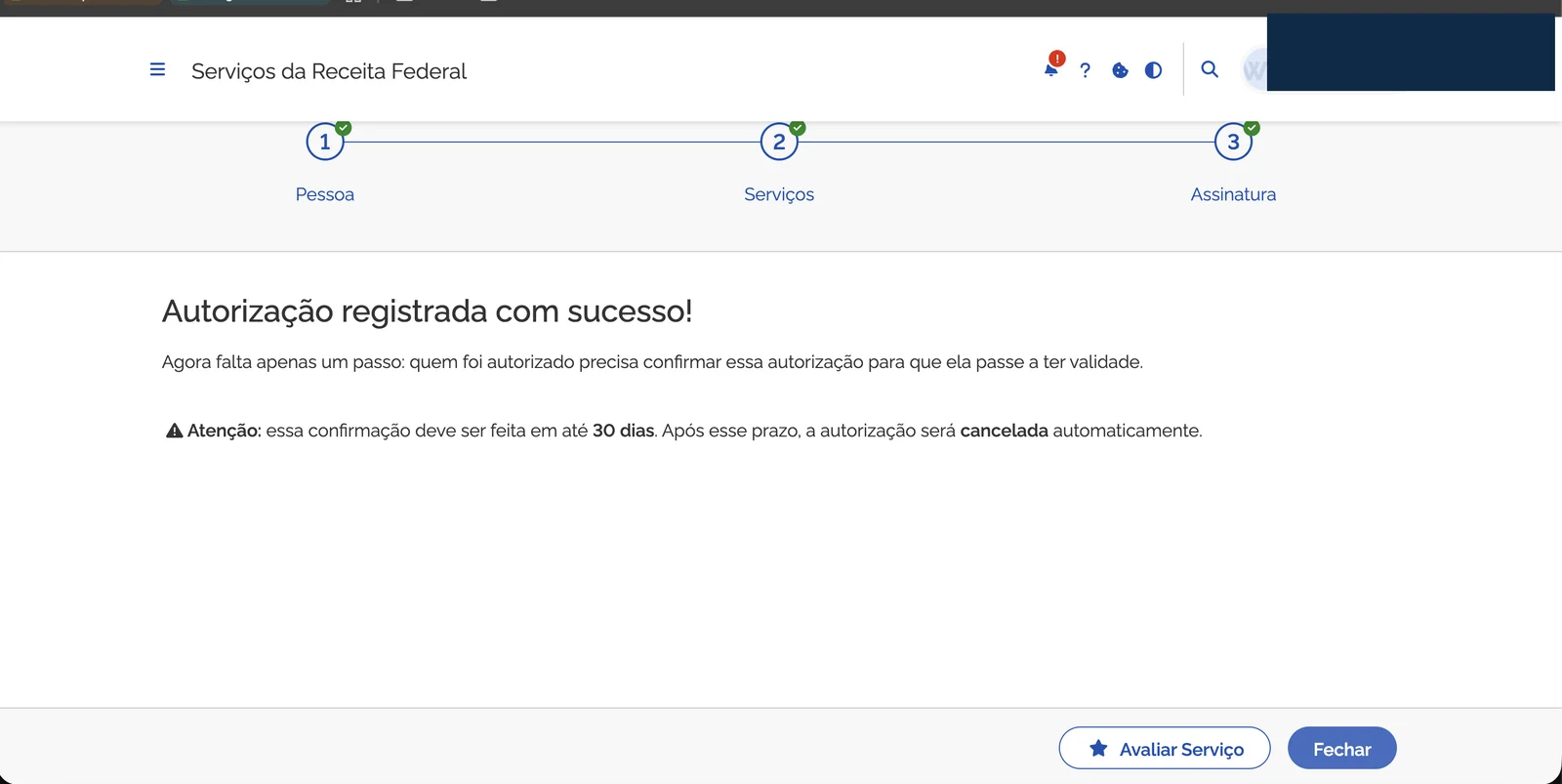 Tela final confirmando autorização registrada com sucesso